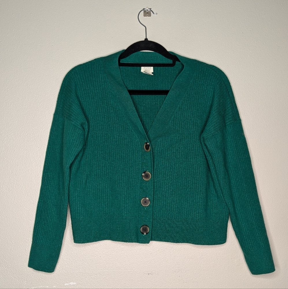 Aspen Women's Ribbed 100% Merino Wool Button Front Long Sleeve Cardigan Size